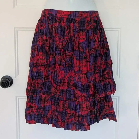 Vintage Raul Blanco 100% Silk Ruffle Skirt Red Purple Tiered Mini S - Picture 2 of 10